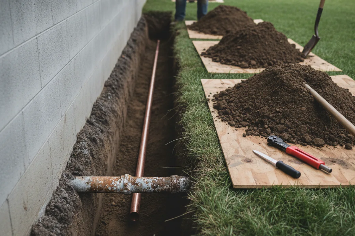Excavated water line trench during Water Heater Repair in Almira
